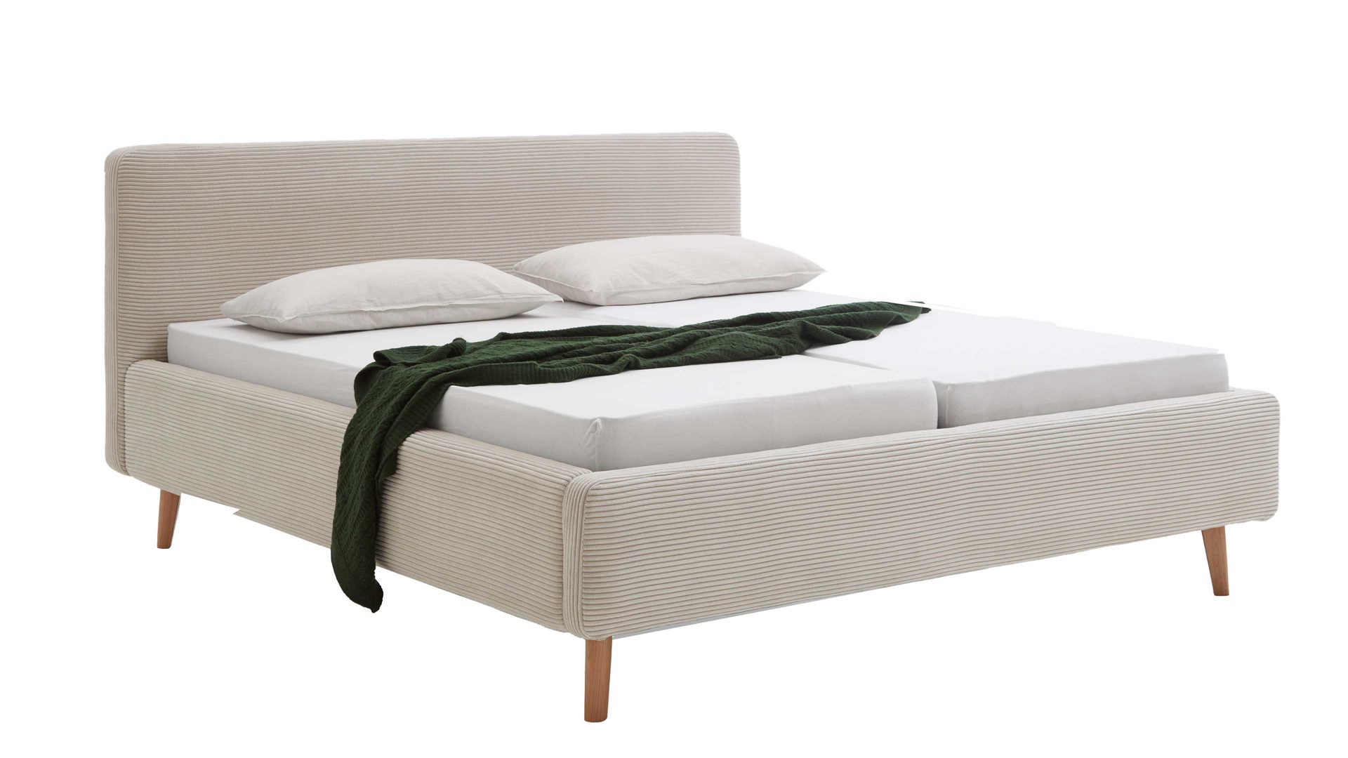 Bettgestell Meise.möbel aus Stoff in Beige Polsterbettgestell Mattis mit Bettkasten beiger Breitcord Poso 100 & Holzfüße - Liegefläche ca. 180 x 200 cm