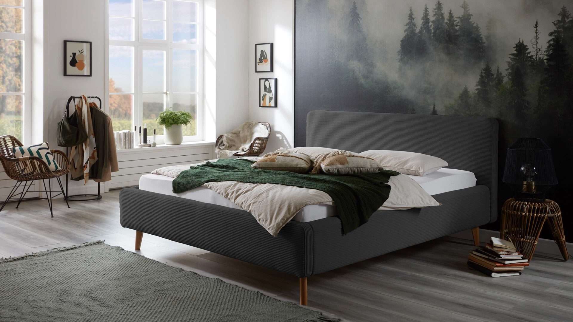 Bettgestell Meise.möbel aus Stoff in Anthrazit Polsterbettgestell Mattis mit Bettkasten anthrazitfarbener Breitcord Poso 34 & Holzfüße - Liegefläche ca. 160 x 200 cm