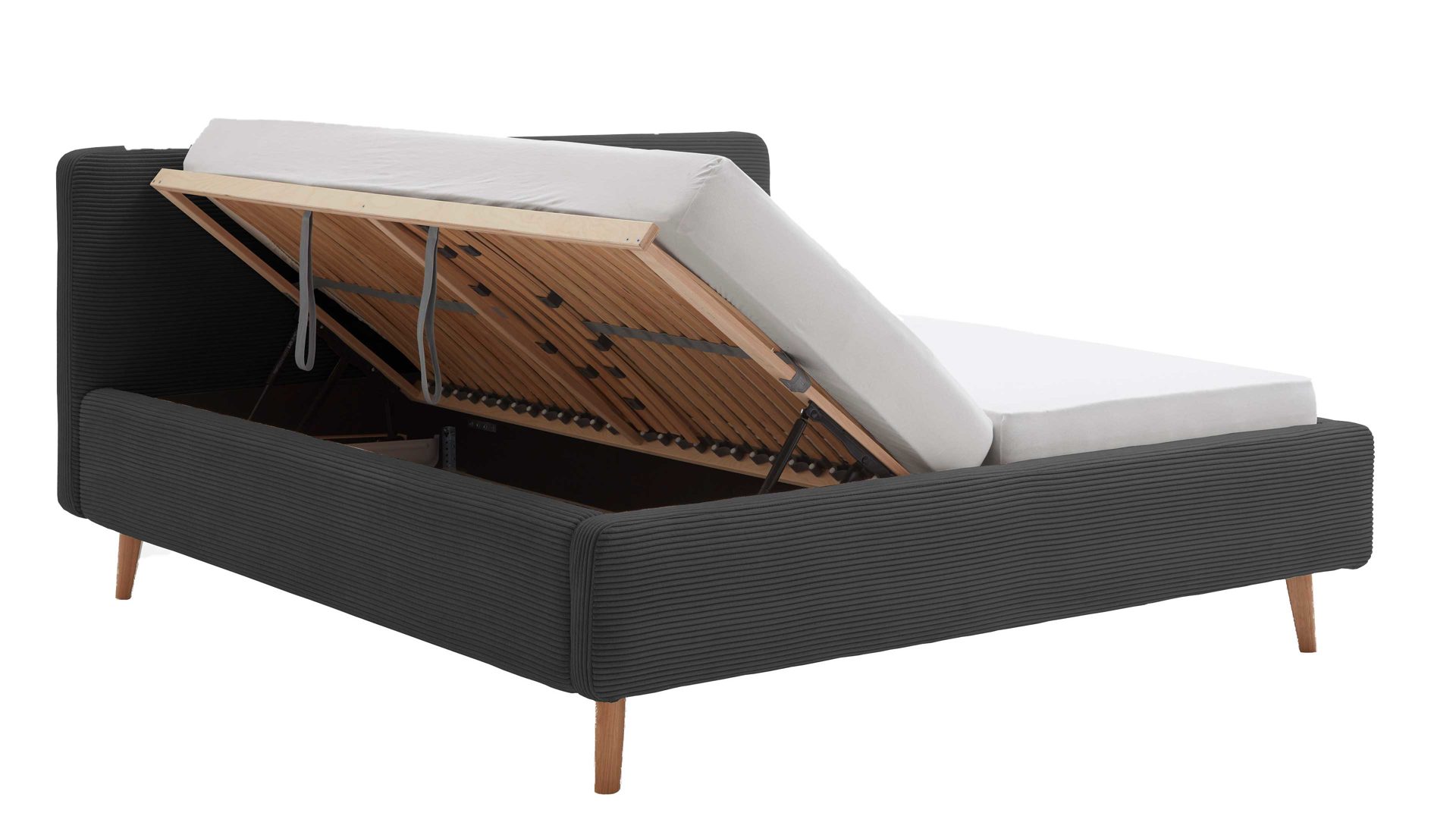 Bettgestell Meise.möbel aus Stoff in Anthrazit Polsterbettgestell Mattis mit Bettkasten anthrazitfarbener Breitcord Poso 34 & Holzfüße - Liegefläche ca. 180 x 200 cm