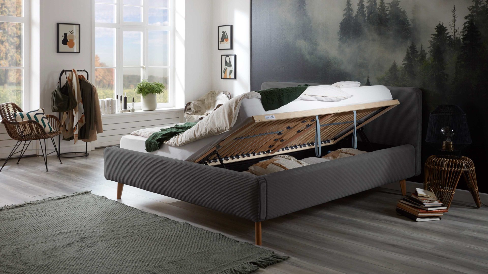 Bettgestell Meise.möbel aus Stoff in Grau Polsterbettgestell Mattis mit Bettkasten grauer Breitcord Poso 22 & Holzfüße - Liegefläche ca. 180 x 200 cm