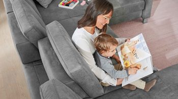 Ecksofa modulmaster aus Stoff in Grau Modulmaster MM-MP1139 - Wohnlandschaft graue Mikrofaser Saddle & glänzende Metallfüße - Stellfläche ca. 351 x 214 cm