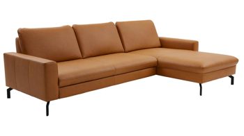 Ecksofa modulmaster aus Leder in Orange Modulmaster MM-PN1126 - Ecksofa kurkumafarbenes Leder Torro & schwarze Metallfüße - Stellfläche ca. 274 x 179 cm
