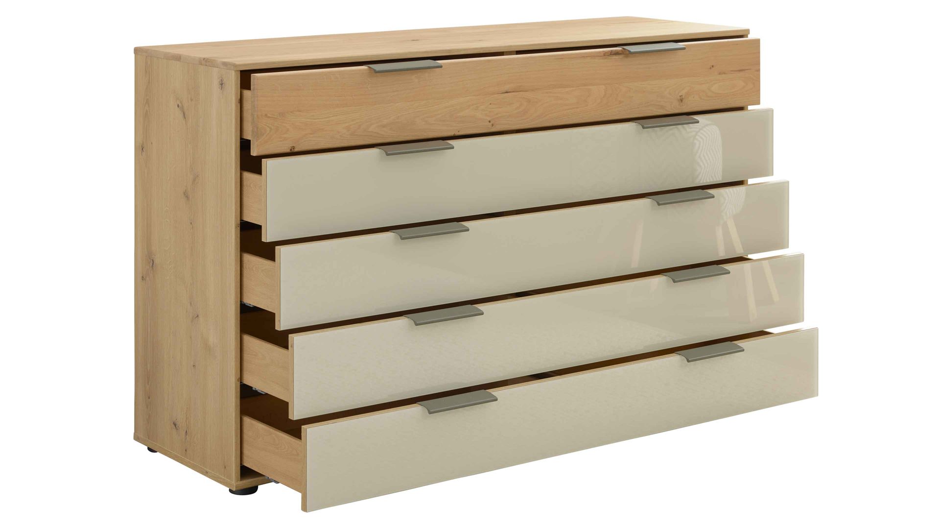 Schubladenkommode Interliving aus Holz in Hellgrau Interliving Schlafzimmer Serie 1027 – Schubladenkommode Eiche bianco & Champagner - fünf Schubladen, Breite ca. 141 cm
