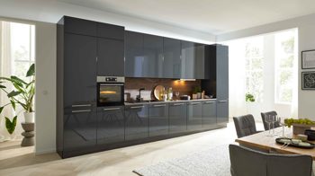 Einbauküche Interliving aus Holz in Dunkelgrau Interliving Küche Serie 3114 mit AEG Einbaugeräten Graphit & Castell Eiche - Länge ca. 408 cm