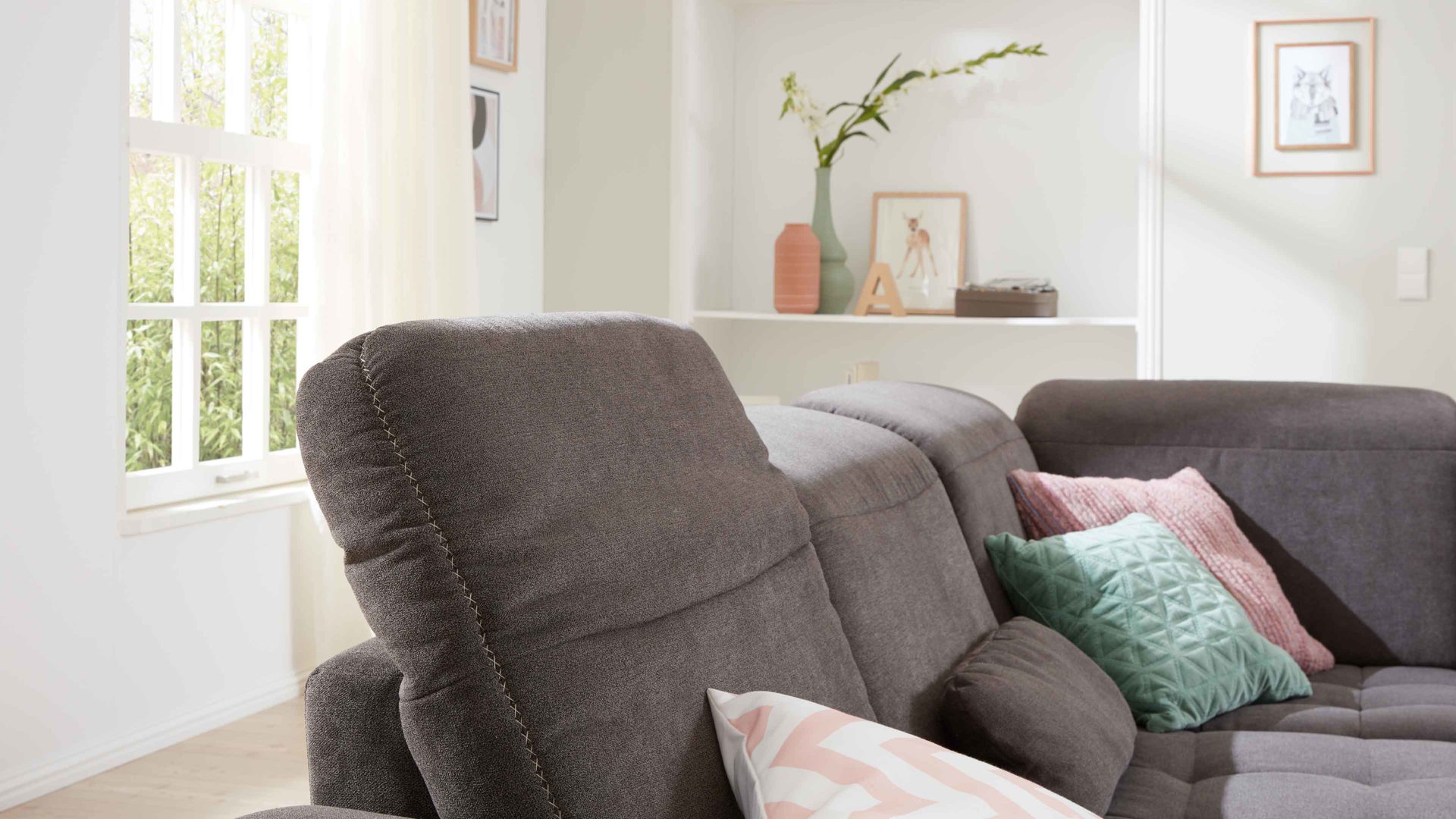 Ecksofa modulmaster aus Stoff in Grau Modulmaster MM-PP1058 - Ecksofa schieferfarbene Mikro-Chenille Charly & Wildeiche – Stellfläche ca. 273 x 243 cm