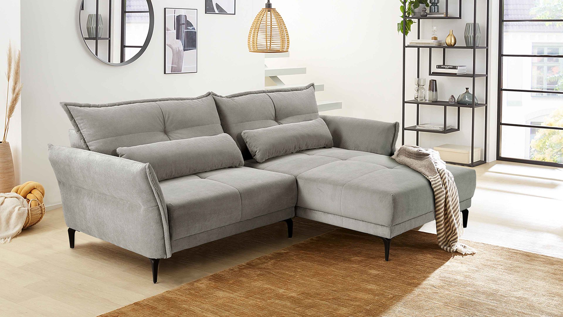 Ecksofa Job aus Stoff in Grau Ecksofa Tropea mittelgrauer Feincord 427.19 - Stellfläche ca. 251 x 179 cm