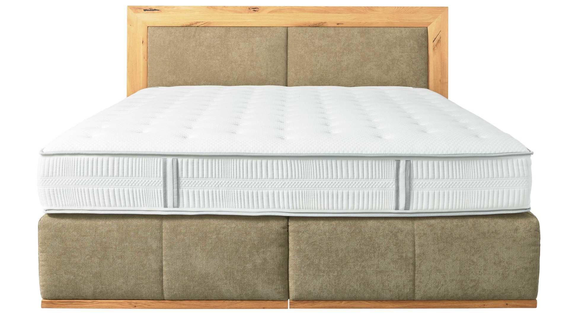 Boxspringbett Interliving aus Stoff in Grün Interliving Boxspringbett Serie 1415 - Boxspringbett mit extra hohem Kopfteil olivgrüner Stoffbezug ELK 323 &amp; Schwebefuß - Liegefläche ca. 180 x 200 cm