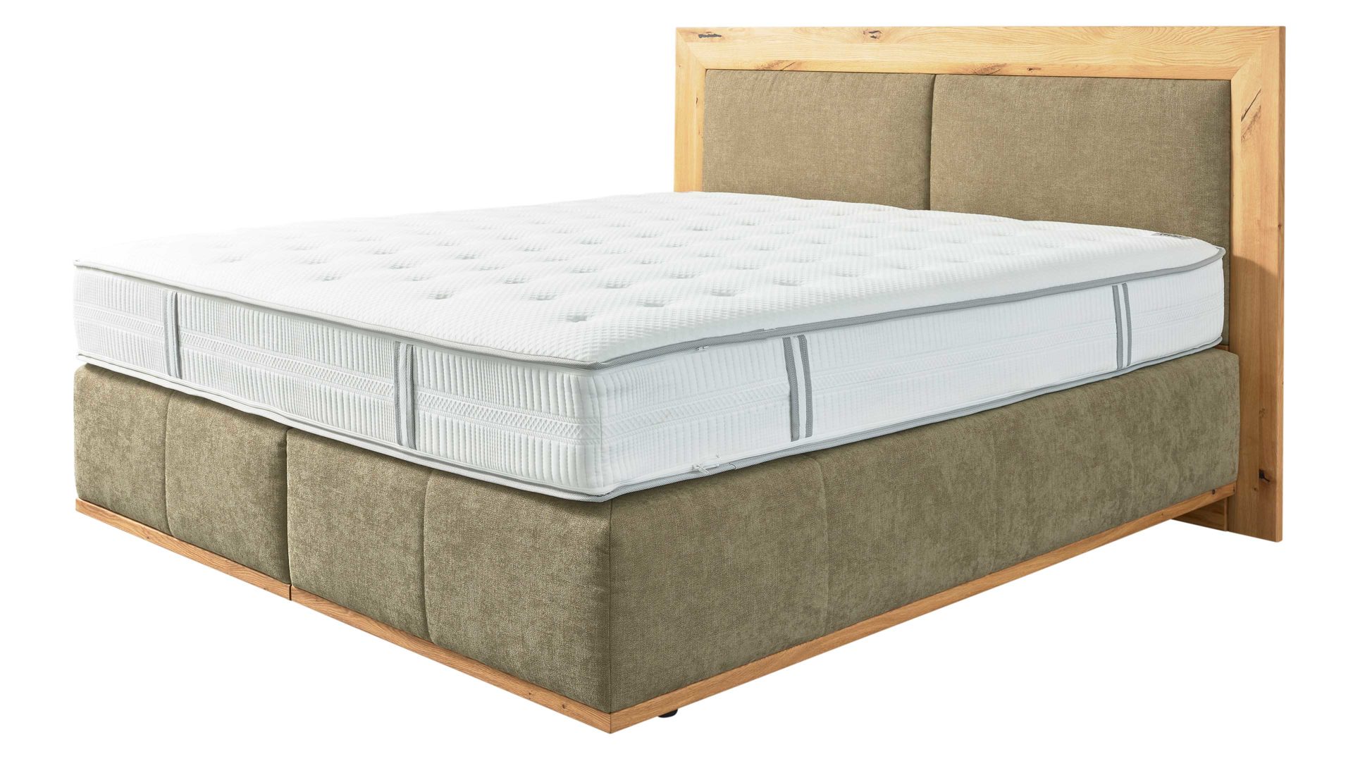 Boxspringbett Interliving aus Stoff in Grün Interliving Boxspringbett Serie 1415 - Boxspringbett mit extra hohem Kopfteil olivgrüner Stoffbezug ELK 323 &amp; Schwebefuß - Liegefläche ca. 180 x 200 cm