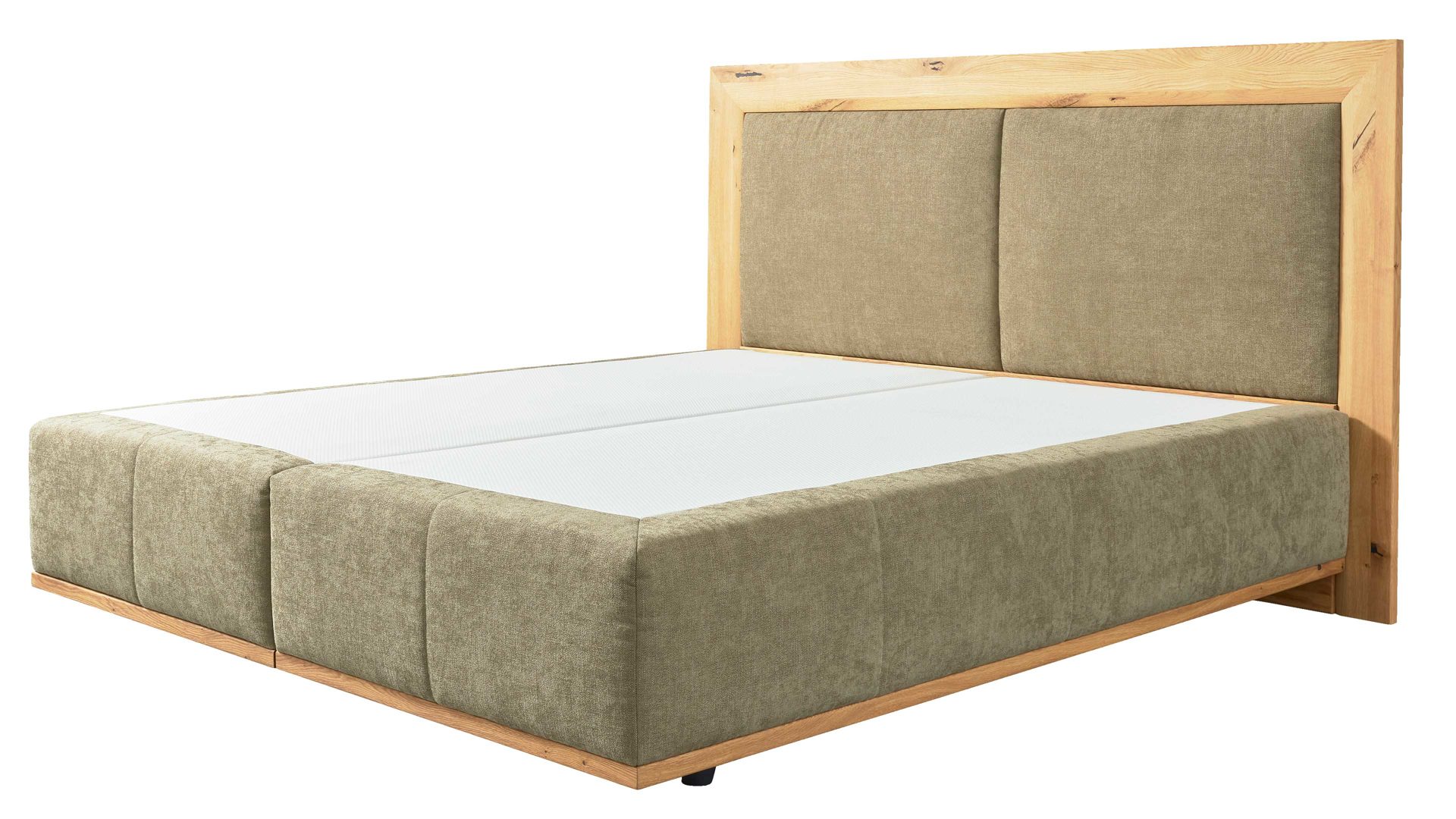 Boxspringbett Interliving aus Stoff in Grün Interliving Boxspringbett Serie 1415 - Boxspringbett mit extra hohem Kopfteil olivgrüner Stoffbezug ELK 323 &amp; Schwebefuß - Liegefläche ca. 180 x 200 cm