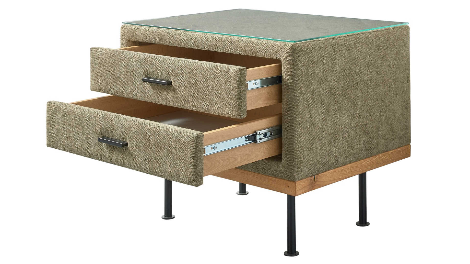 Nachtkommode Interliving aus Stoff in Grün Interliving Boxspringbett Serie 1415 - Nachtkommode NK I823 olivgrüner Stoffbezug ELK 323 - zwei Schubladen