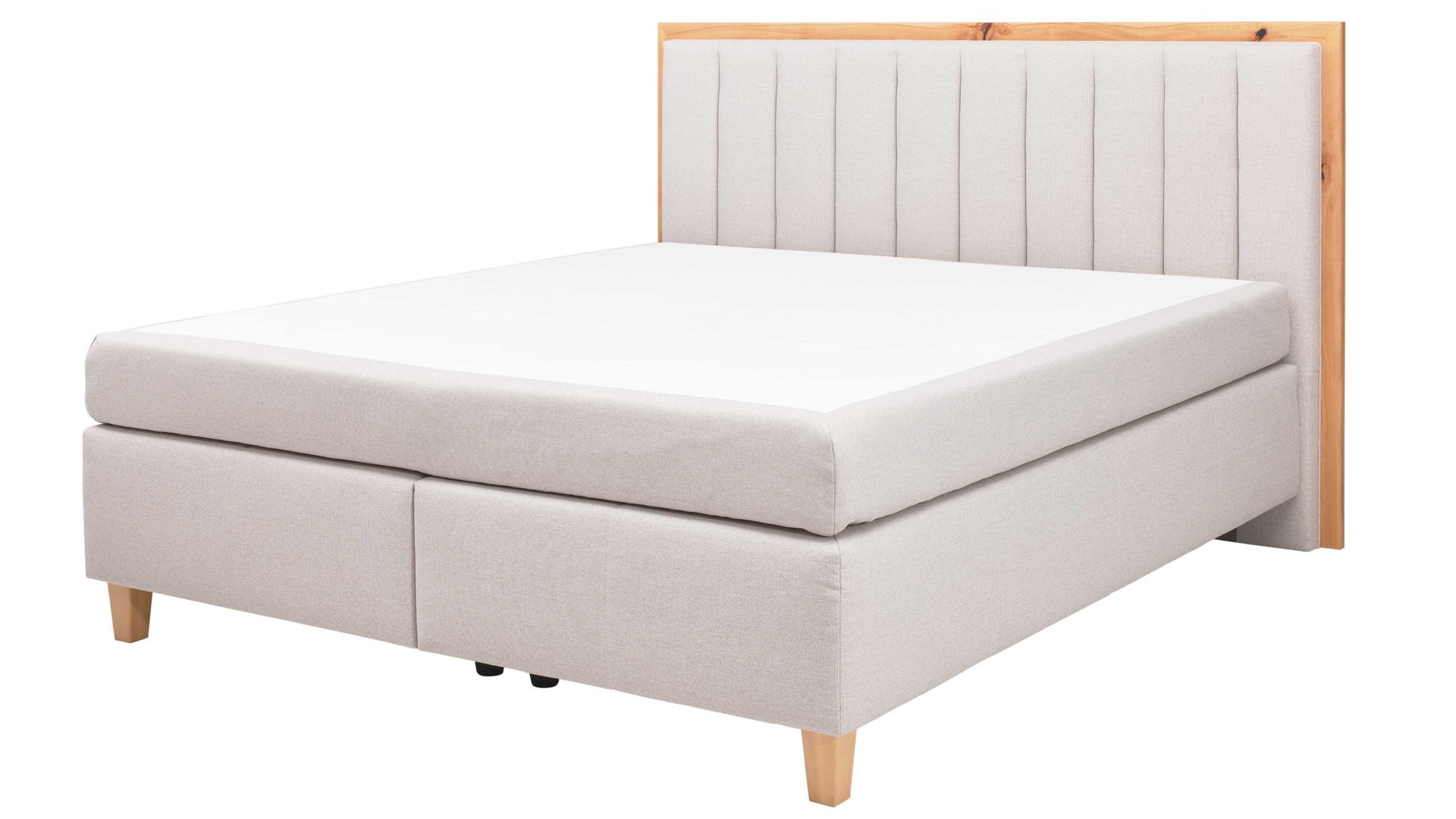 Boxspringbett Interliving aus Stoff in Beige Interliving Boxspringbett Serie 1415 - Boxspringbett mit Holzakzenten hellbeiger Stoffbezug TBB 2 &amp; Holzfuß H72 - Liegefläche ca. 180 x 200 cm
