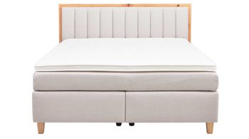 Boxspringbett Interliving aus Stoff in Beige Interliving Boxspringbett Serie 1415 - Boxspringbett mit Holzakzenten hellbeiger Stoffbezug TBB 2 & Holzfuß H72 - Liegefläche ca. 180 x 200 cm