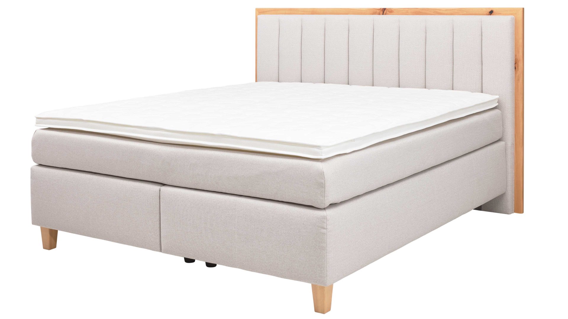 Boxspringbett Interliving aus Stoff in Beige Interliving Boxspringbett Serie 1415 - Boxspringbett mit Holzakzenten hellbeiger Stoffbezug TBB 2 &amp; Holzfuß H72 - Liegefläche ca. 180 x 200 cm