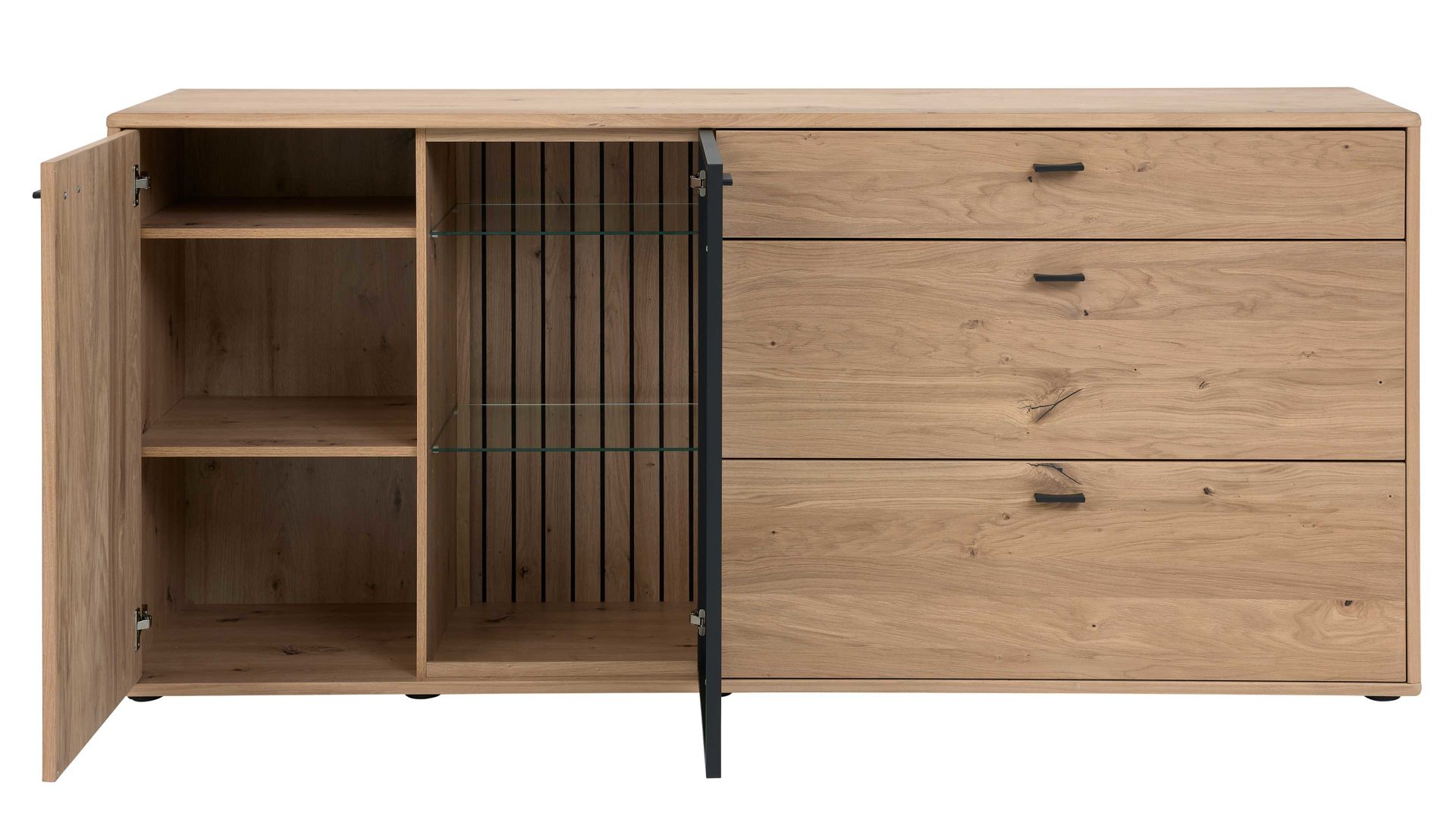 Sideboard Interliving aus Holz in Holzfarben Interliving Wohnzimmer Serie 2024 - Sideboard 33 Eiche & Schwarzglas - zwei Türen, drei Schubladen