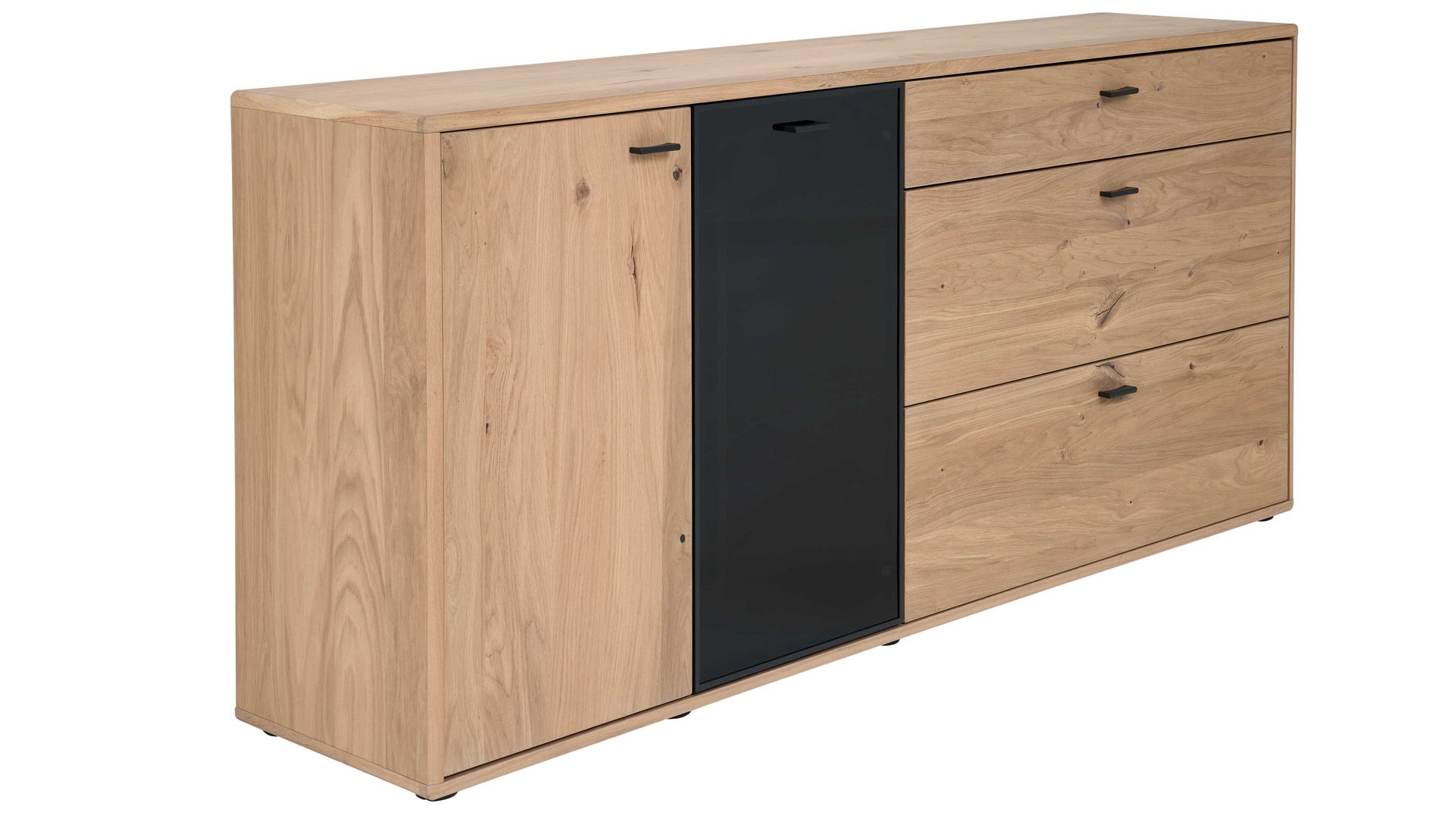 Sideboard Interliving aus Holz in Holzfarben Interliving Wohnzimmer Serie 2024 - Sideboard 33 Eiche & Schwarzglas - zwei Türen, drei Schubladen