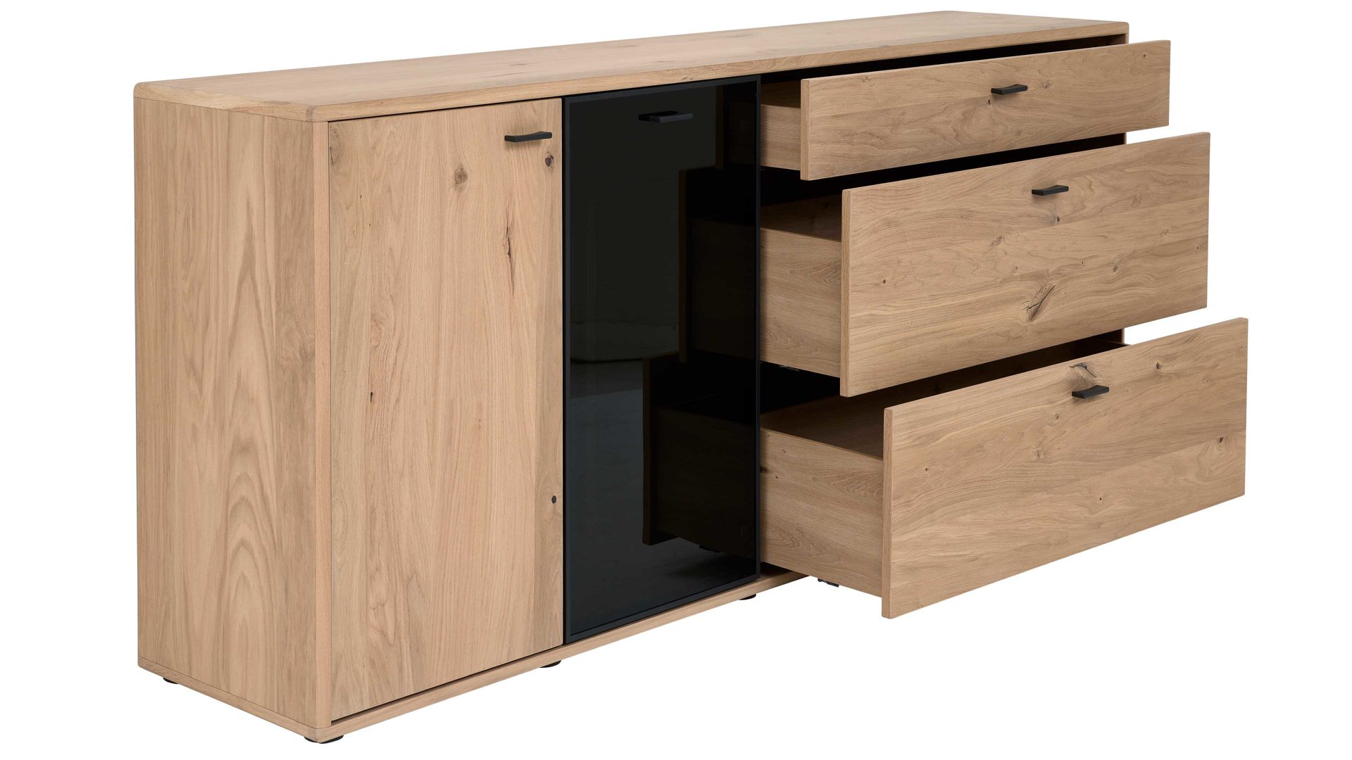 Sideboard Interliving aus Holz in Holzfarben Interliving Wohnzimmer Serie 2024 - Sideboard 33 Eiche & Schwarzglas - zwei Türen, drei Schubladen