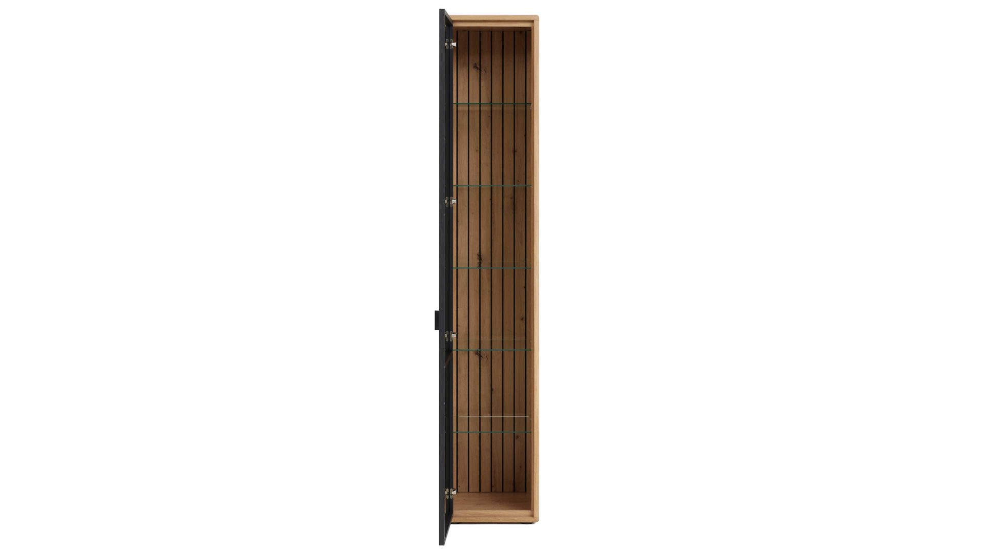 Vitrine Interliving aus Holz in Holzfarben Interliving Wohnzimmer Serie 2024 - Vitrine 07 Eiche & Schwarzglas - eine Tür, Höhe ca. 208 cm