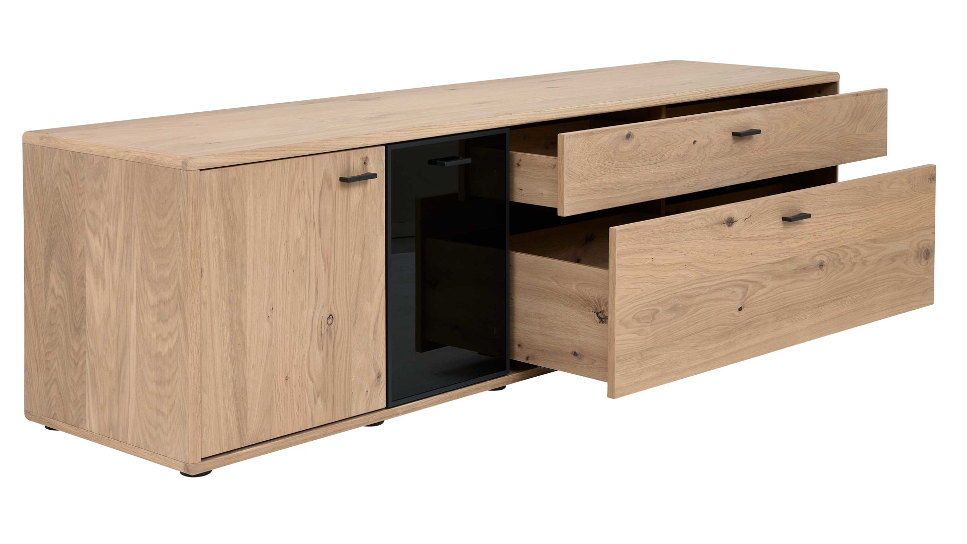 Lowboard Interliving aus Holz in Holzfarben Interliving Wohnzimmer Serie 2024 - TV-Element 03 Eiche & Schwarzglas -zwei Türen, zwei Schubladen, Breite ca. 205 cm