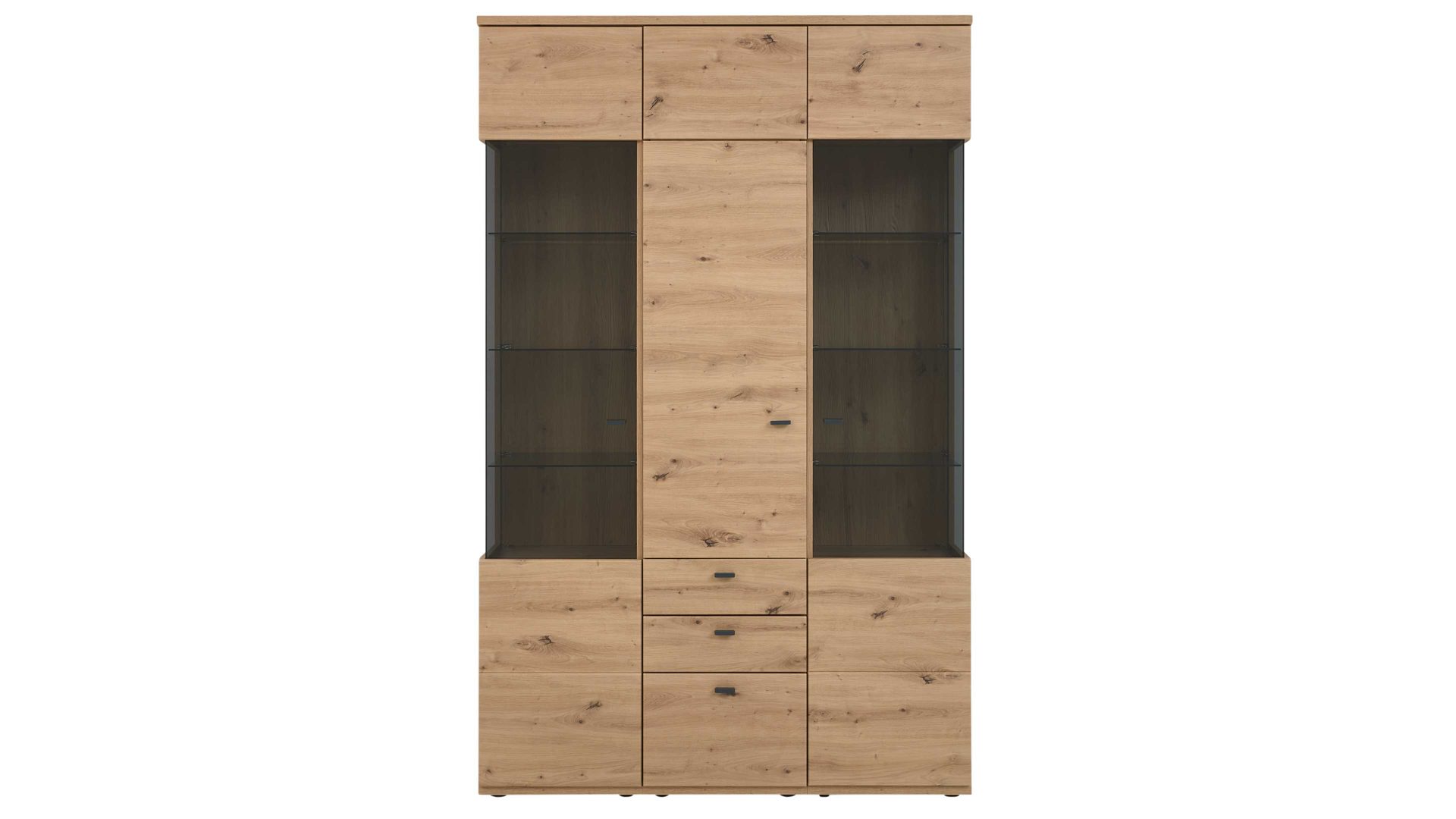 Vitrine Interliving aus Holz in Holzfarben Interliving Wohnzimmer Serie 2110 - Vitrine Alteiche - drei Türen, zwei Schubladen, Breite ca. 135 cm