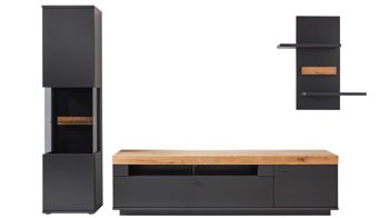 Wohnwand Mca furniture aus Holz in Schwarz Wohnmöbelserie Messina - Wohnwand Schwarzgrau & Risseiche - dreiteilig, Breite ca. 320 cm