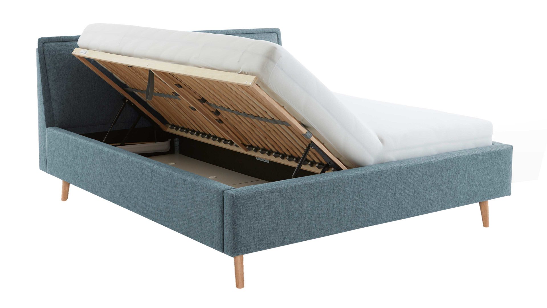Bettgestell Meise.möbel aus Stoff in Blau Polsterbettgestell Frieda mit Bettkasten oceanfarbener Bezug Stelar 39 & eichefarbene Holzfüße - Liegefläche ca. 160 x 200 cm