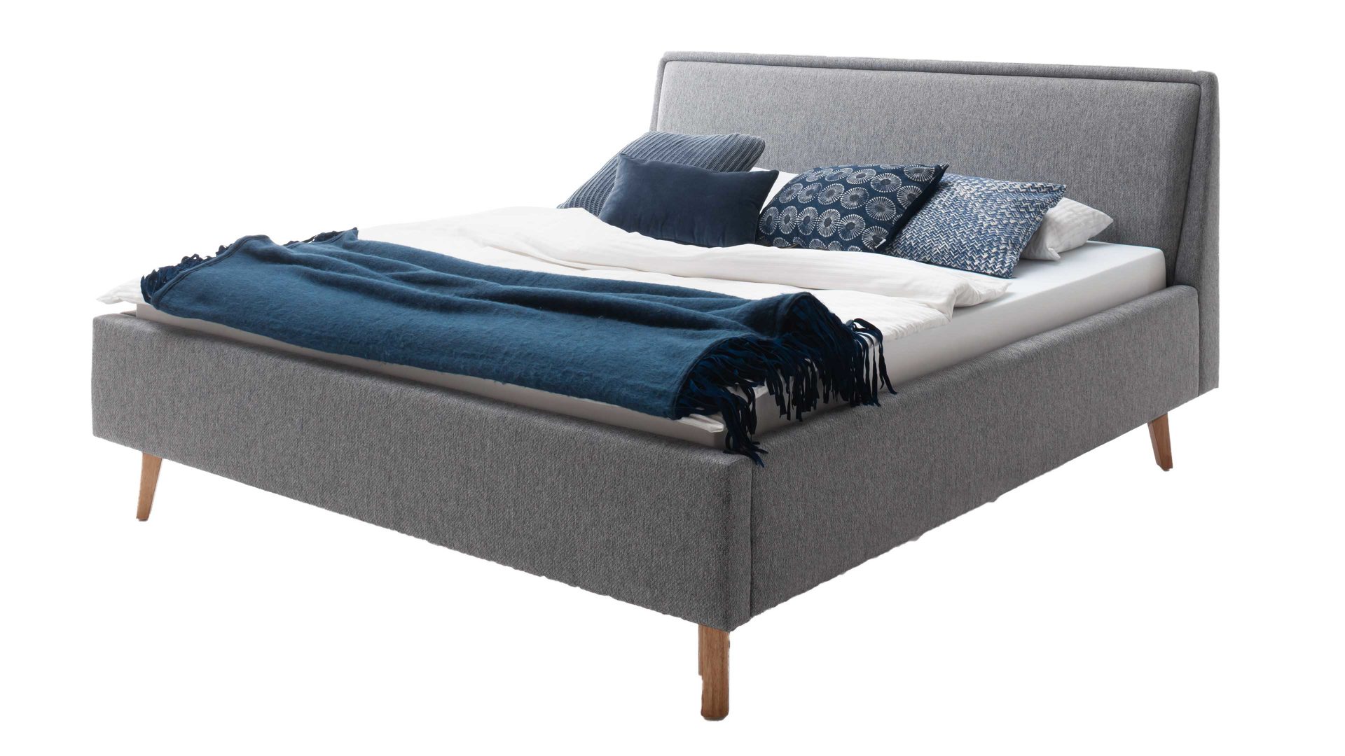 Bettgestell Meise.möbel aus Stoff in Grau Polsterbettgestell Frieda mit Bettkasten grauer Bezug Stelar 92 & eichefarbene Holzfüße - Liegefläche ca. 160 x 200 cm
