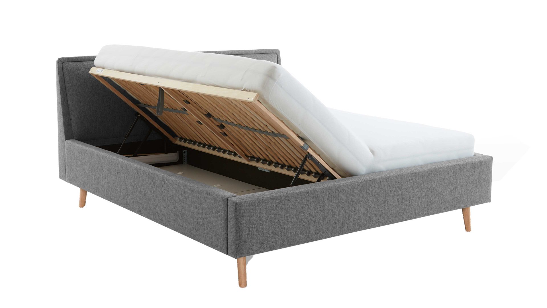 Bettgestell Meise.möbel aus Stoff in Grau Polsterbettgestell Frieda mit Bettkasten grauer Bezug Stelar 92 & eichefarbene Holzfüße - Liegefläche ca. 160 x 200 cm