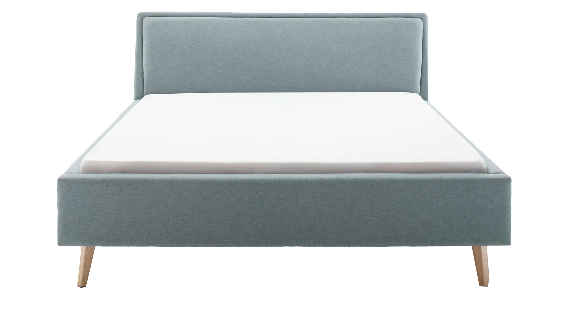 Bettgestell Meise.möbel aus Stoff in Blau Polsterbettgestell Frieda mit Bettkasten eisblauer Bezug Sawana 72 & eichfarbene Holzfüße - Liegefläche ca. 160 x 200 cm