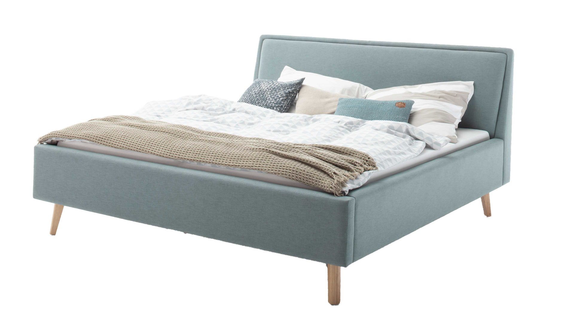 Bettgestell Meise.möbel aus Stoff in Blau Polsterbettgestell Frieda mit Bettkasten eisblauer Bezug Sawana 72 & eichfarbene Holzfüße - Liegefläche ca. 160 x 200 cm
