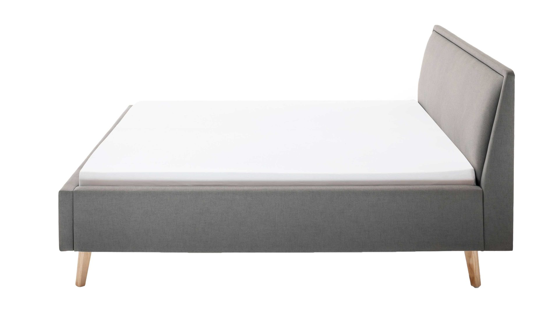 Bettgestell Meise.möbel aus Stoff in Hellgrau Polsterbettgestell Frieda mit Bettkasten hellgrauer Bezug Sawana 21 & eichefarbene Holzfüße - Liegefläche ca. 160 x 200 cm