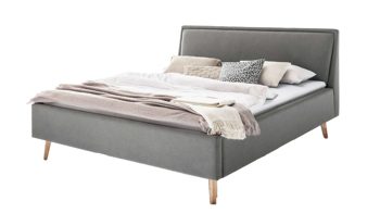 Bettgestell Meise.möbel aus Stoff in Hellgrau Polsterbettgestell Frieda mit Bettkasten hellgrauer Bezug Sawana 21 & eichefarbene Holzfüße - Liegefläche ca. 160 x 200 cm