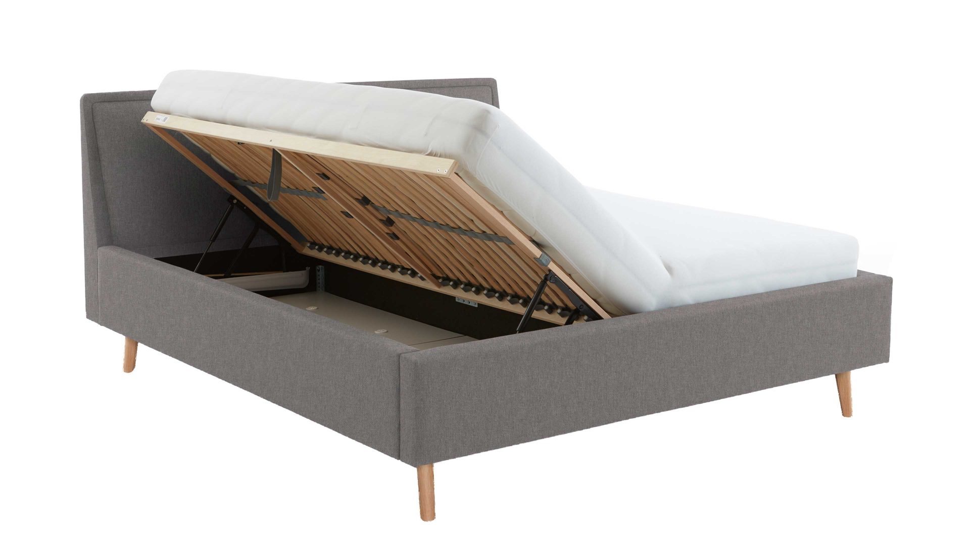 Bettgestell Meise.möbel aus Stoff in Hellgrau Polsterbettgestell Frieda mit Bettkasten hellgrauer Bezug Sawana 21 & eichefarbene Holzfüße - Liegefläche ca. 160 x 200 cm