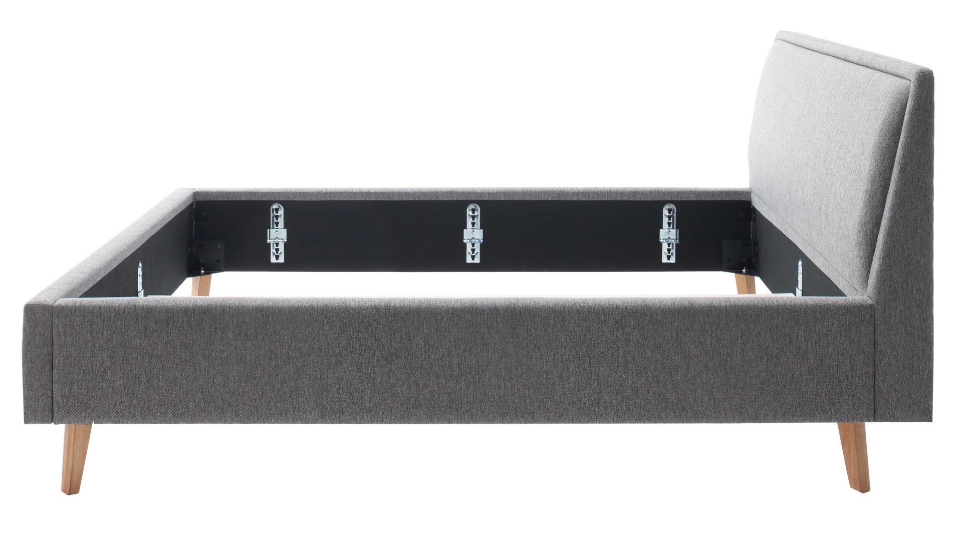 Bettgestell Meise.möbel aus Stoff in Grau Polsterbettgestell Frieda grauer Bezug Stelar 92 & eichefarbene Holzfüße - Liegefläche ca. 140 x 200 cm