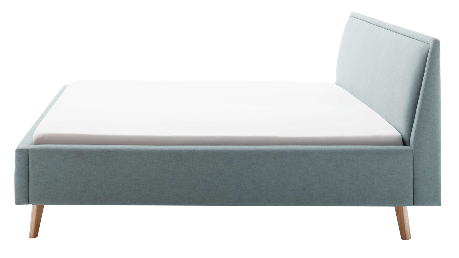 Bettgestell Meise.möbel aus Stoff in Blau Polsterbettgestell Frieda eisblauer Bezug Sawana 72 & eichefarbene Holzfüße - Liegefläche ca. 160 x 200 cm