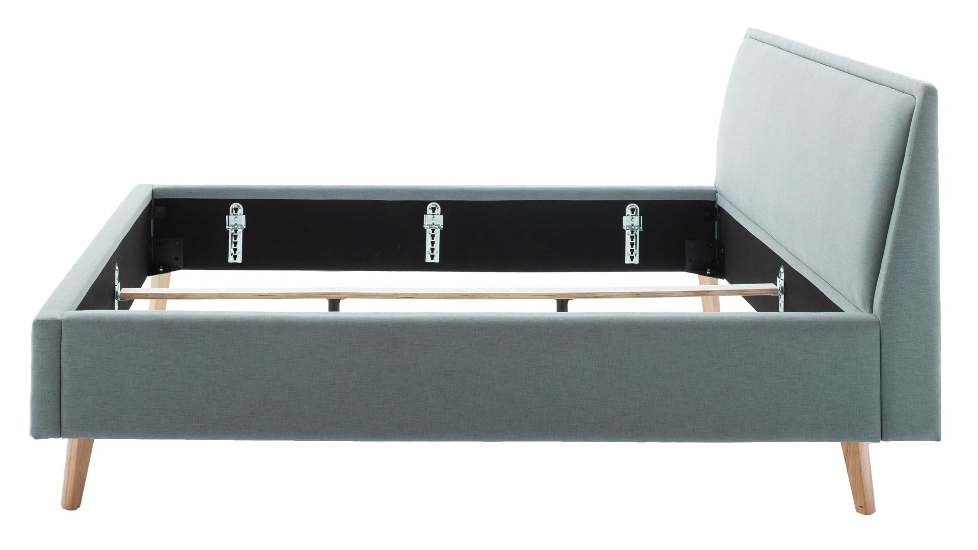 Bettgestell Meise.möbel aus Stoff in Blau Polsterbettgestell Frieda eisblauer Bezug Sawana 72 & eichefarbene Holzfüße - Liegefläche ca. 160 x 200 cm