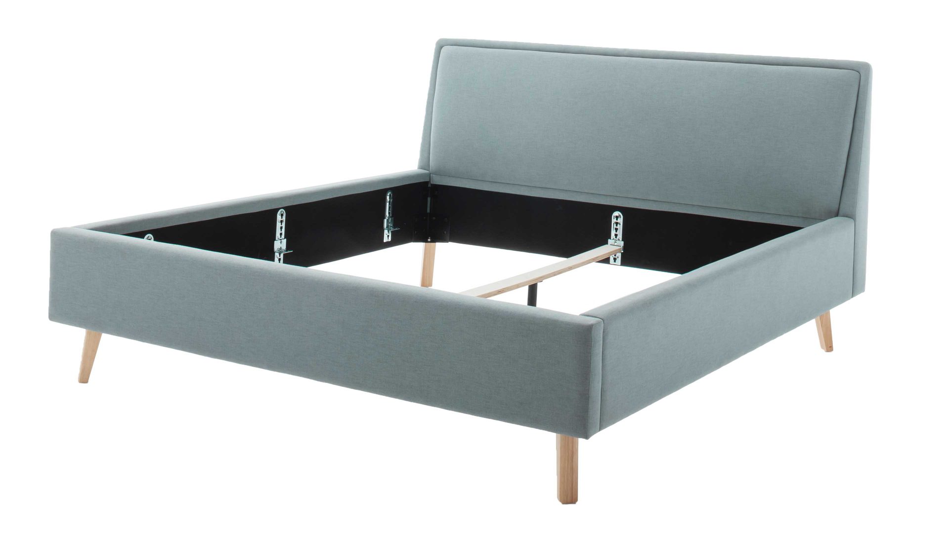 Bettgestell Meise.möbel aus Stoff in Blau Polsterbettgestell Frieda eisblauer Bezug Sawana 72 & eichefarbene Holzfüße - Liegefläche ca. 160 x 200 cm