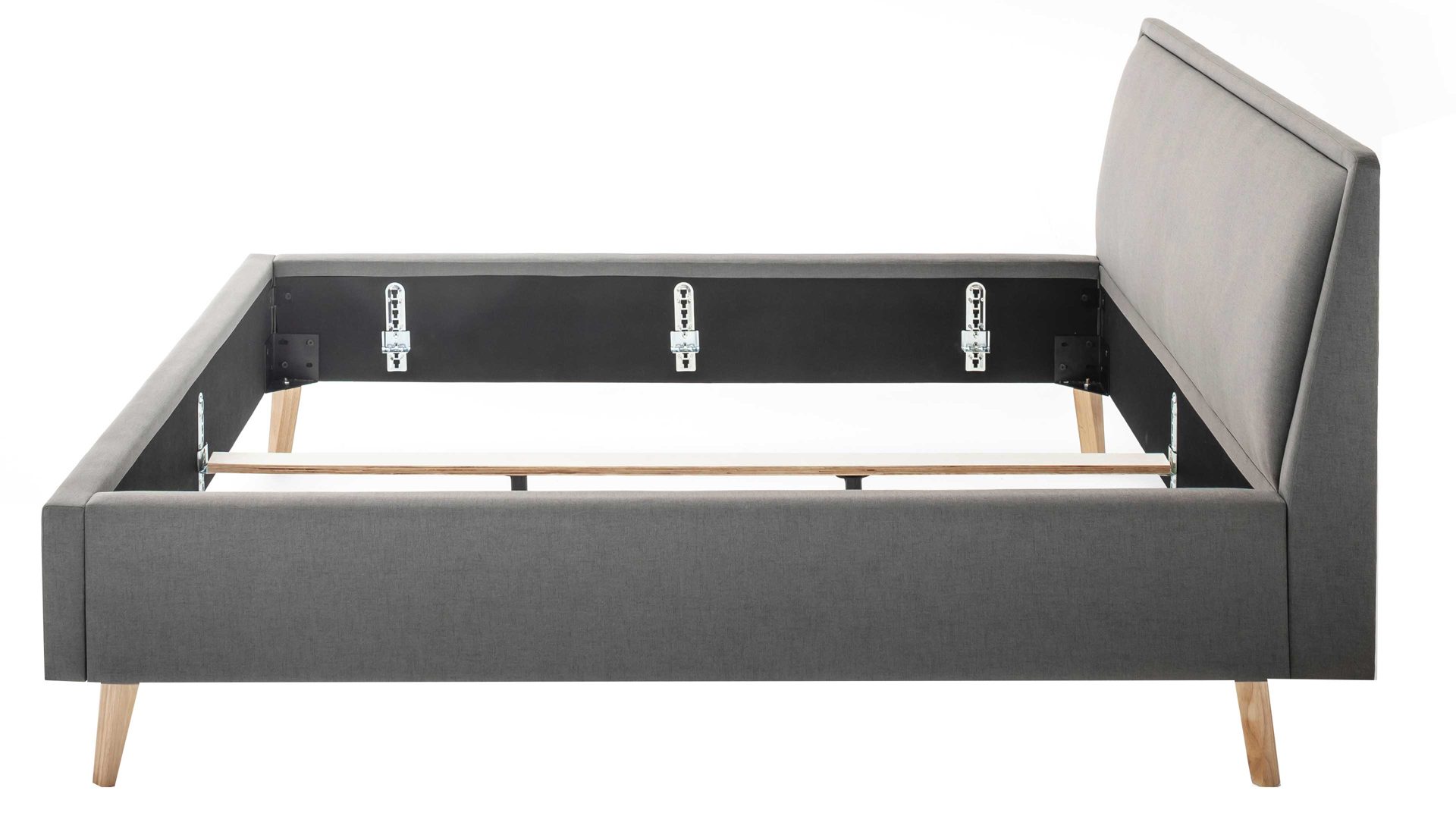 Bettgestell Meise.möbel aus Stoff in Hellgrau Polsterbettgestell Frieda hellgrauer Bezug Sawana 21 & eichefarbene Holzfüße - Liegefläche ca. 160 x 200 cm