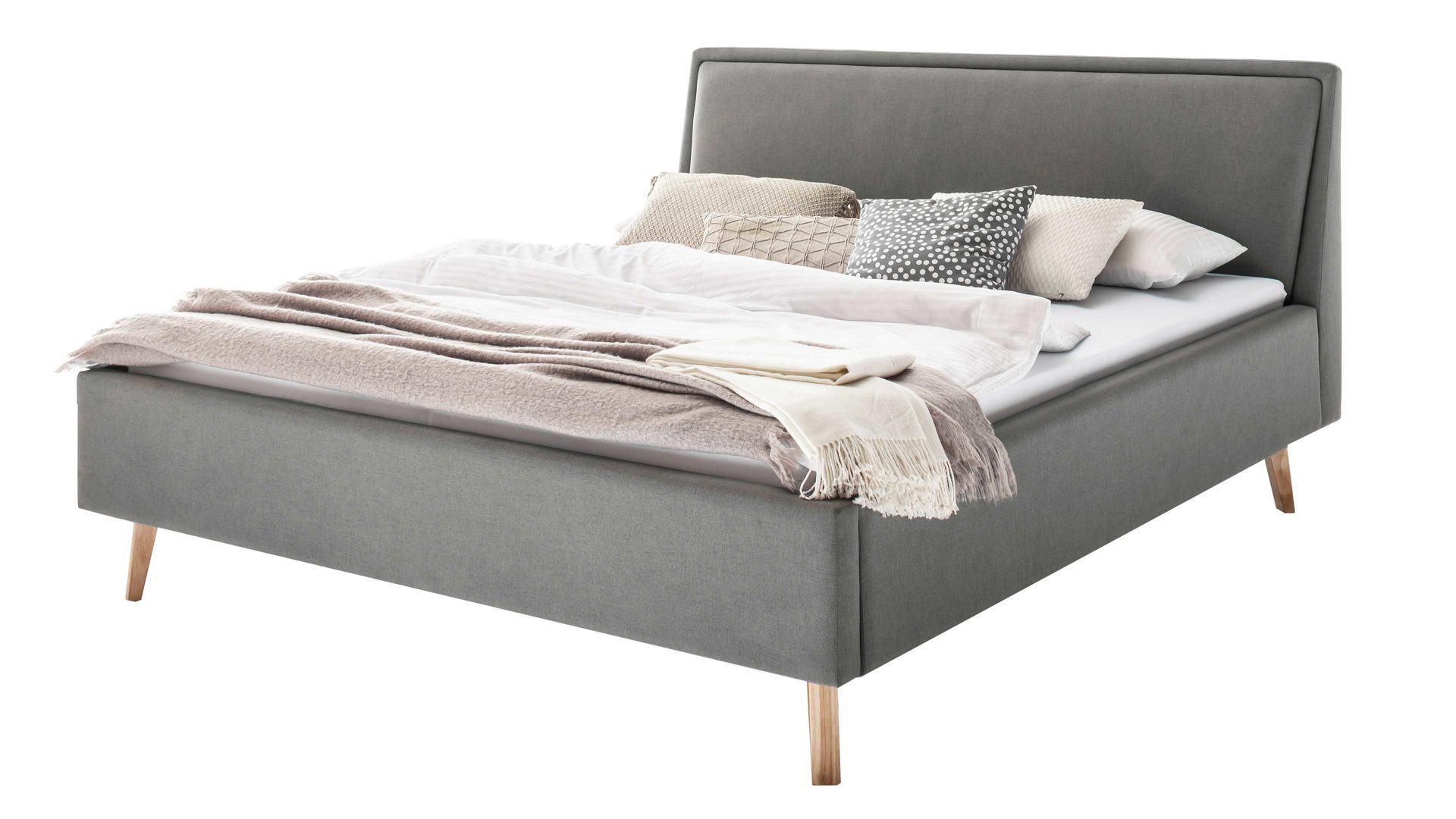 Bettgestell Meise.möbel aus Stoff in Hellgrau Polsterbettgestell Frieda hellgrauer Bezug Sawana 21 & eichefarbene Holzfüße - Liegefläche ca. 160 x 200 cm