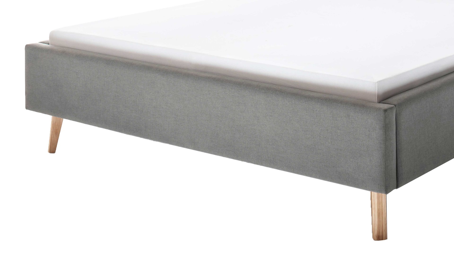 Bettgestell Meise.möbel aus Stoff in Hellgrau Polsterbettgestell Frieda hellgrauer Bezug Sawana 21 & eichefarbene Holzfüße - Liegefläche ca. 160 x 200 cm