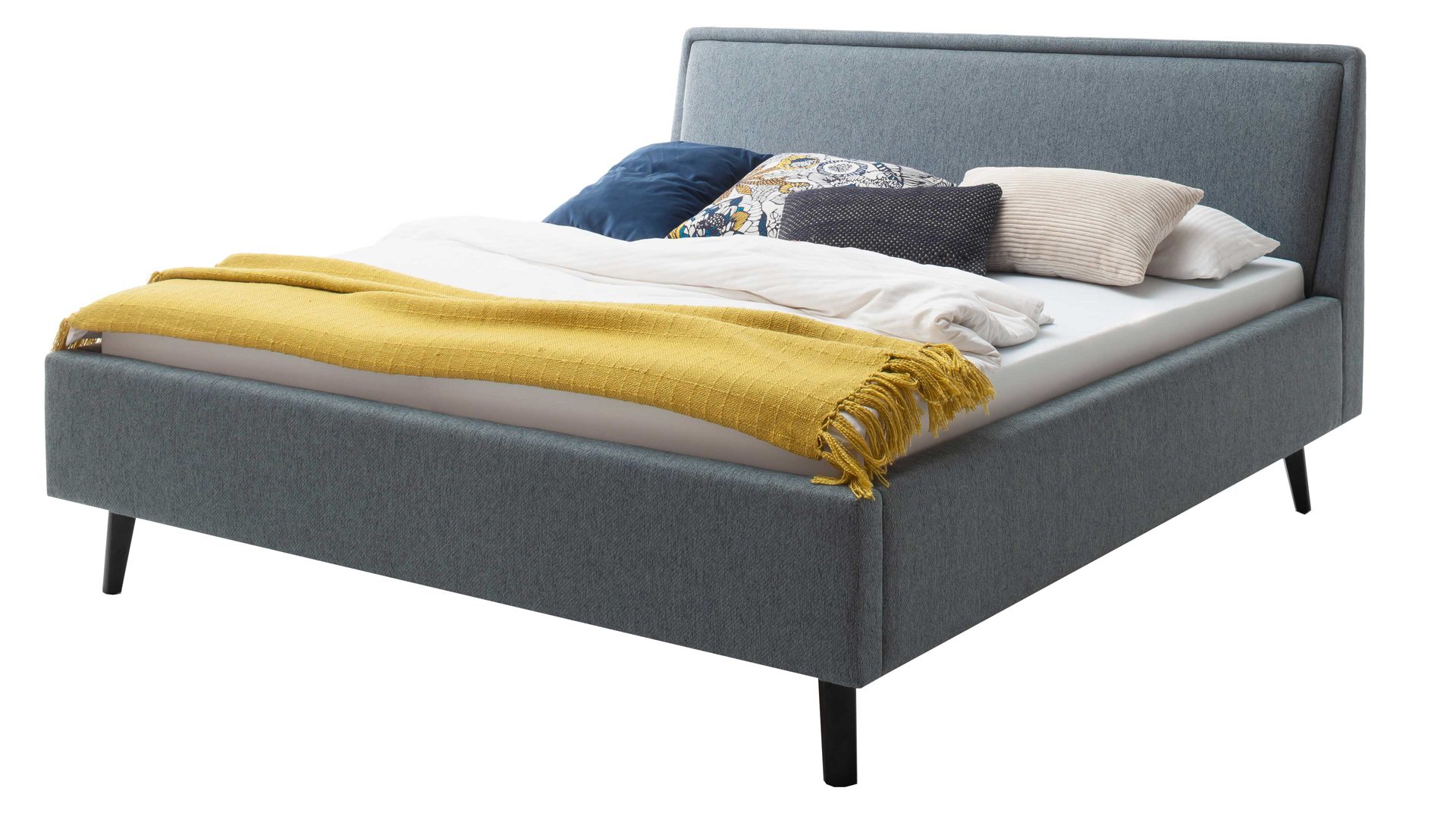 Bettgestell Meise.möbel aus Stoff in Blau Polsterbettgestell Frieda oceanfarbener Bezug Stelar 39 & schwarze Holzfüße - Liegefläche ca. 160 x 200 cm