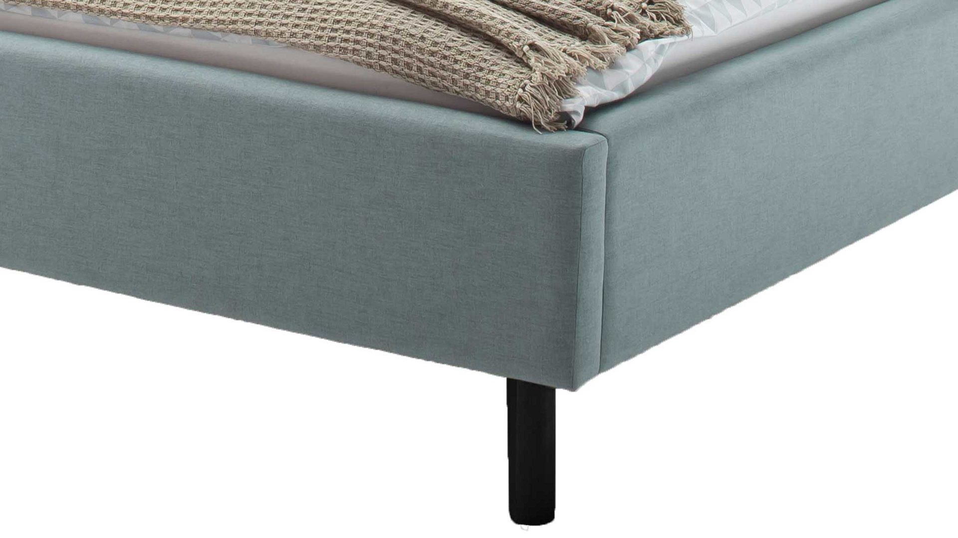 Bettgestell Meise.möbel aus Stoff in Blau Polsterbettgestell Frieda eisblauer Bezug Sawana 72 & schwarze Holzfüße - Liegefläche ca. 160 x 200 cm