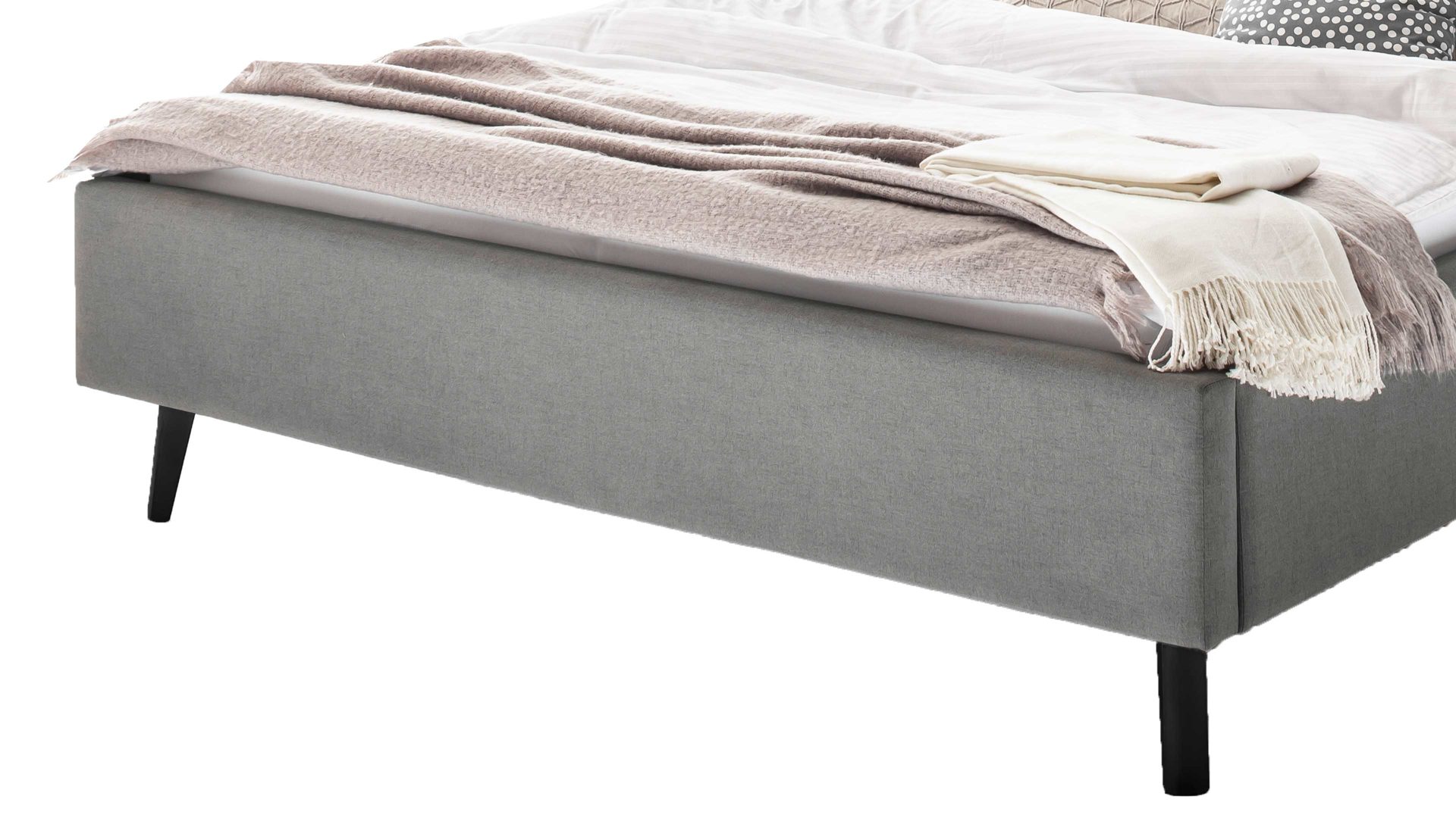 Bettgestell Meise.möbel aus Stoff in Hellgrau Polsterbettgestell Frieda hellgrauer Bezug Sawana 21 & schwarze Holzfüße - Liegefläche ca. 160 x 200 cm