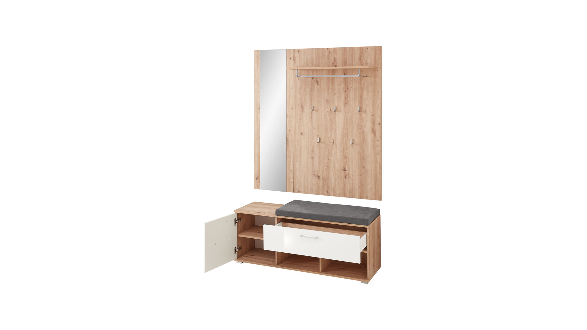 Garderobenpaneel Innostyle aus Holz in Weiß Garderobenprogramm Fun - Bank mit Paneel Weiß & Artisan Eiche, Hirnholz - Breite ca. 126 cm