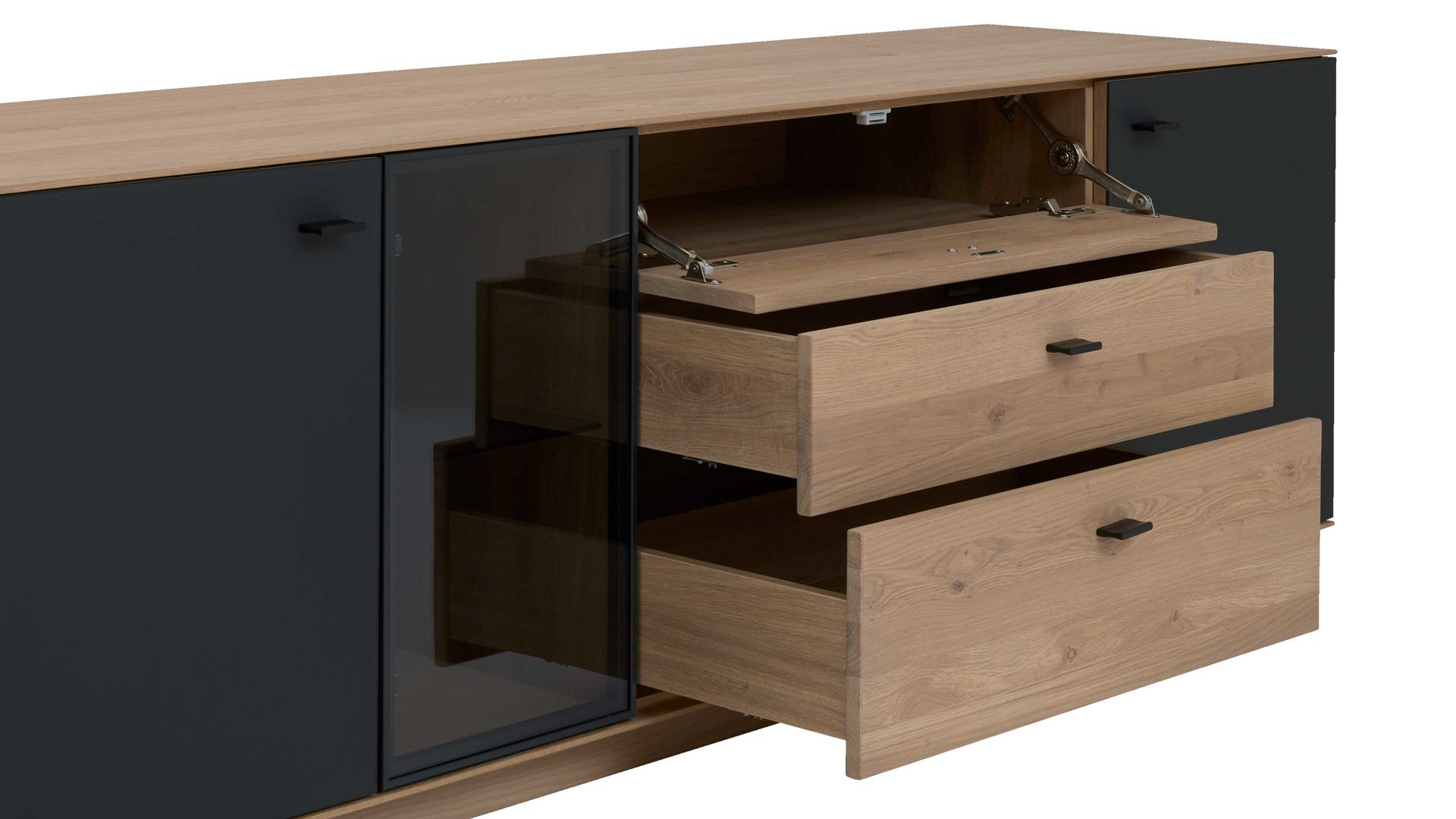 Wohnwand Interliving aus Holz in Holzfarben Interliving Wohnzimmer Serie 2025 - Wohnwand 83 Wildeiche, Anthrazit & Kork - dreiteilig, Breite ca. 325 cm