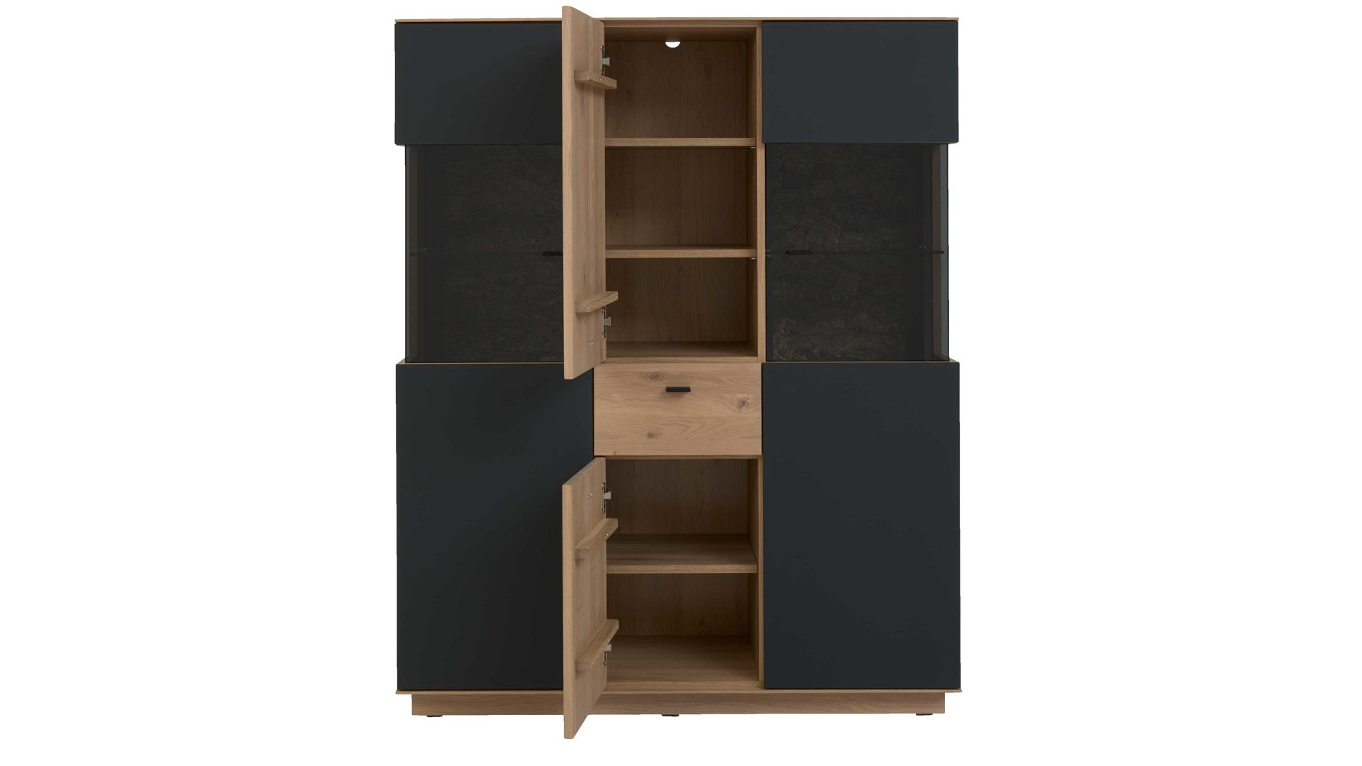 Highboard Interliving aus Holz in Holzfarben Interliving Wohnzimmer Serie 2025 - Highboard Wildeiche, Anthrazit & Kork - vier Türen, eine Schublade, Breite ca. 116 cm