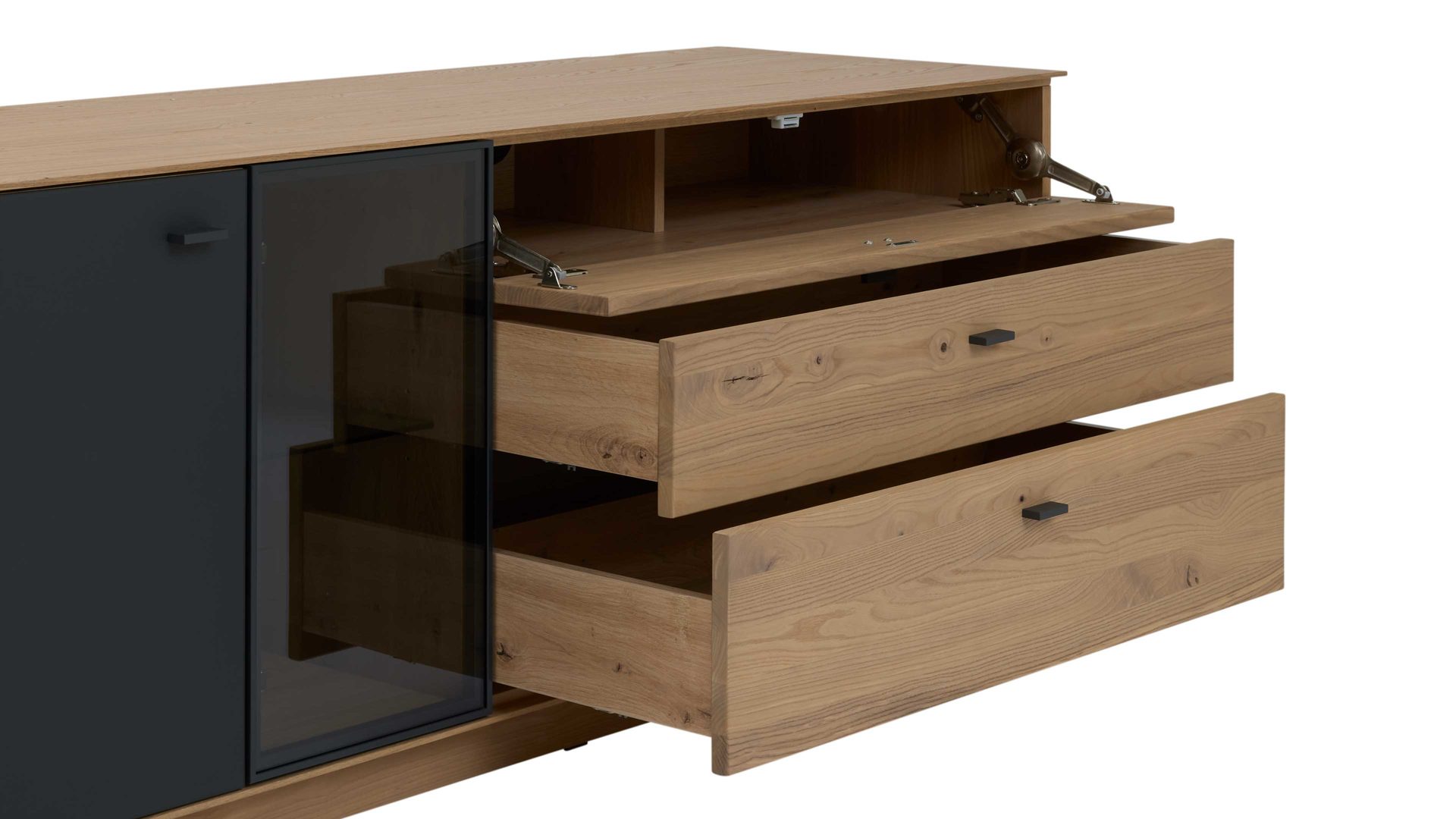 Wohnwand Interliving aus Holz in Holzfarben Interliving Wohnzimmer Serie 2025 - Wohnwand 84 Wildeiche, Anthrazit & Kork - dreiteilig, Breite ca. 265 cm