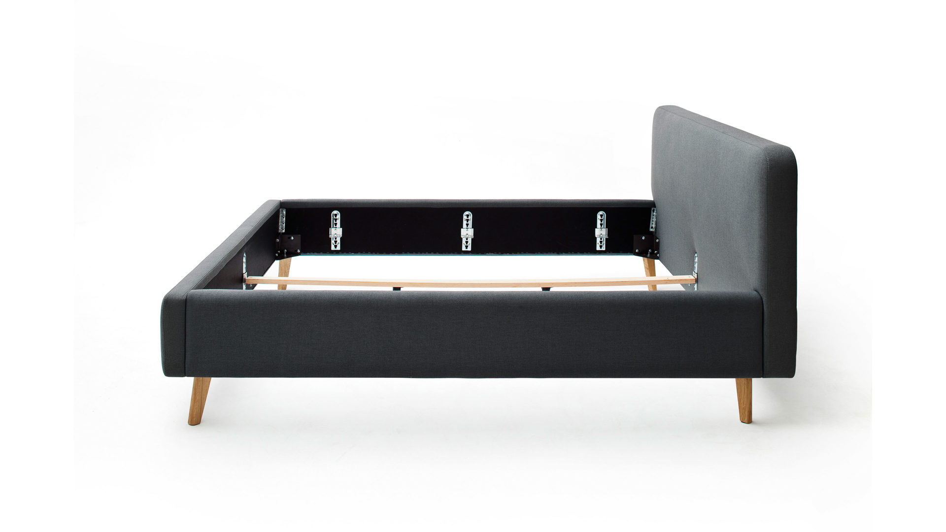 Bettgestell Meise.möbel aus Stoff in Anthrazit Polsterbettgestell Mattis anthrazitfarbenes Flachgewebe Aspen 96 & Holzfüße - Liegefläche ca. 140 x 200 cm