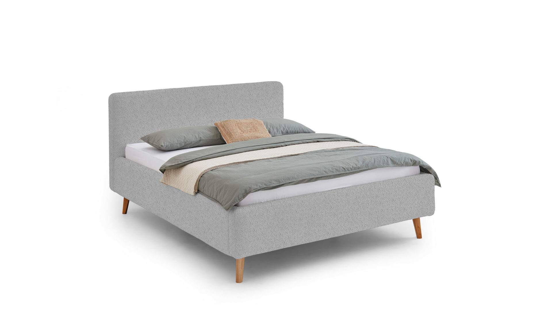 Bettgestell Meise.möbel aus Stoff in Grau Polsterbettgestell Mattis grauer Boucle Bezug Abriamo 6 & Holzfüße - Liegefläche ca. 160 x 200 cm