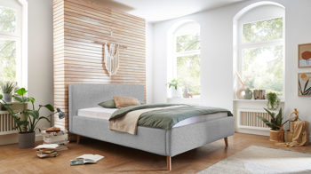 Bettgestell Meise.möbel aus Stoff in Grau Polsterbettgestell Mattis grauer Boucle Bezug Abriamo 6 & Holzfüße - Liegefläche ca. 160 x 200 cm