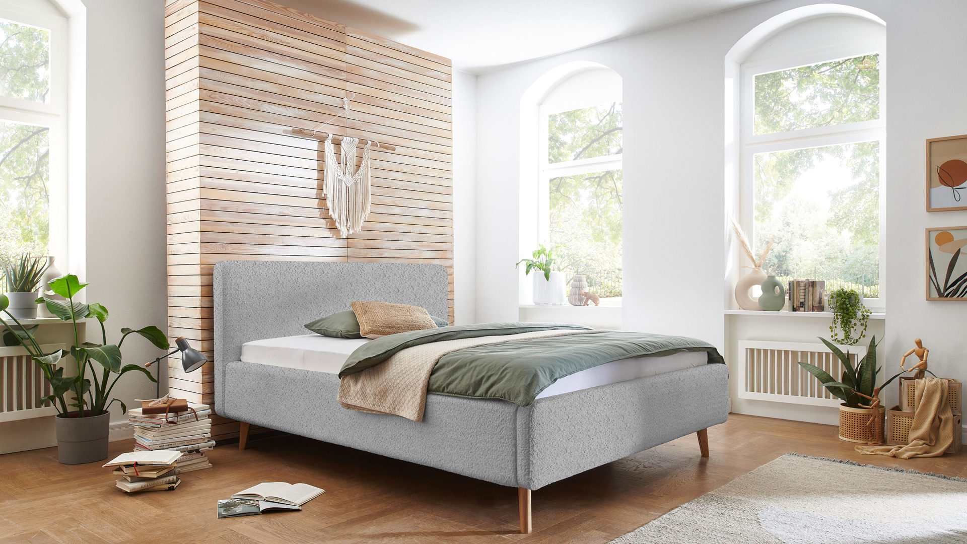 Bettgestell Meise.möbel aus Stoff in Grau Polsterbettgestell Mattis grauer Boucle Bezug Abriamo 6 & Holzfüße - Liegefläche ca. 160 x 200 cm